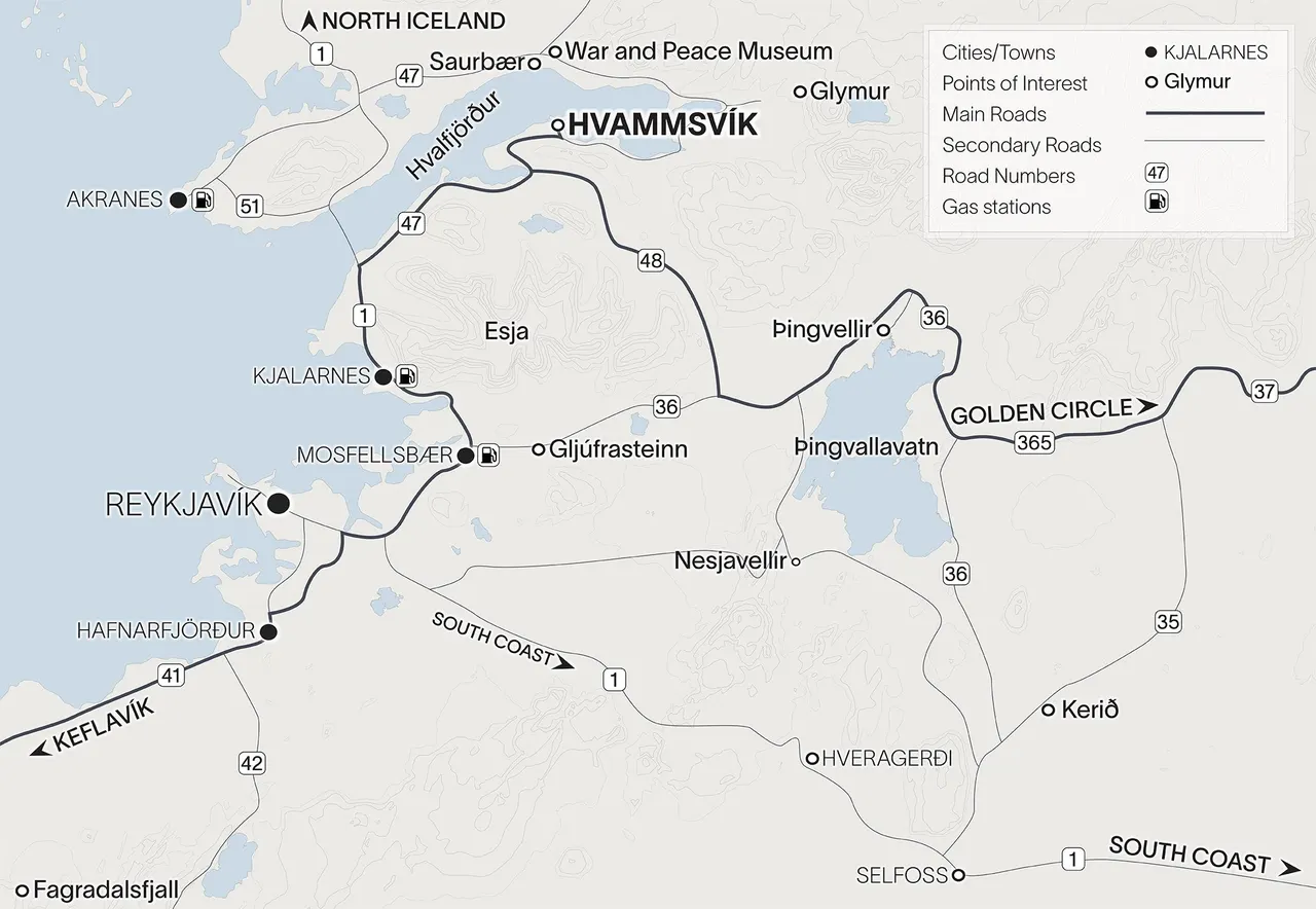 Reykjavik to Hvammsvik Hot Springs Map