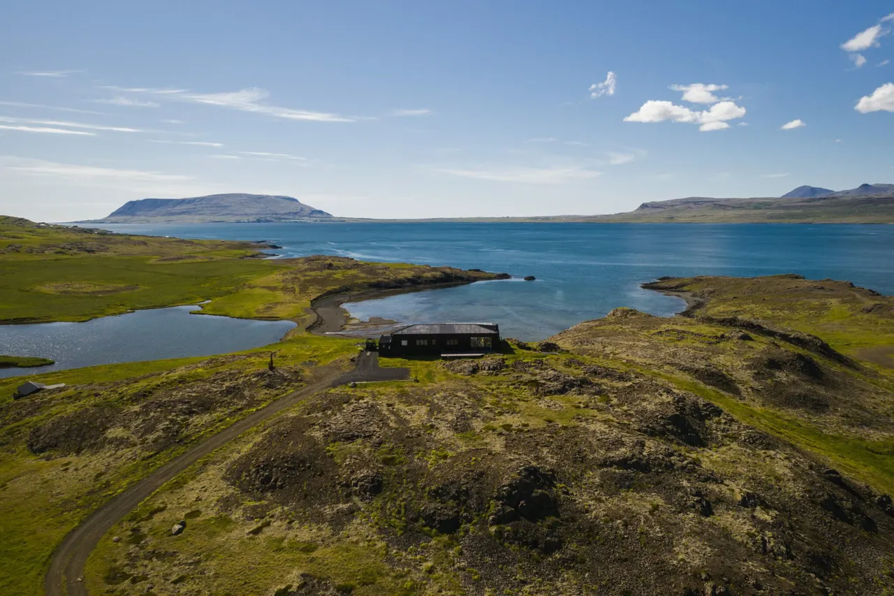 Aerial view of the trout lake and the shore of Hvalfjörður