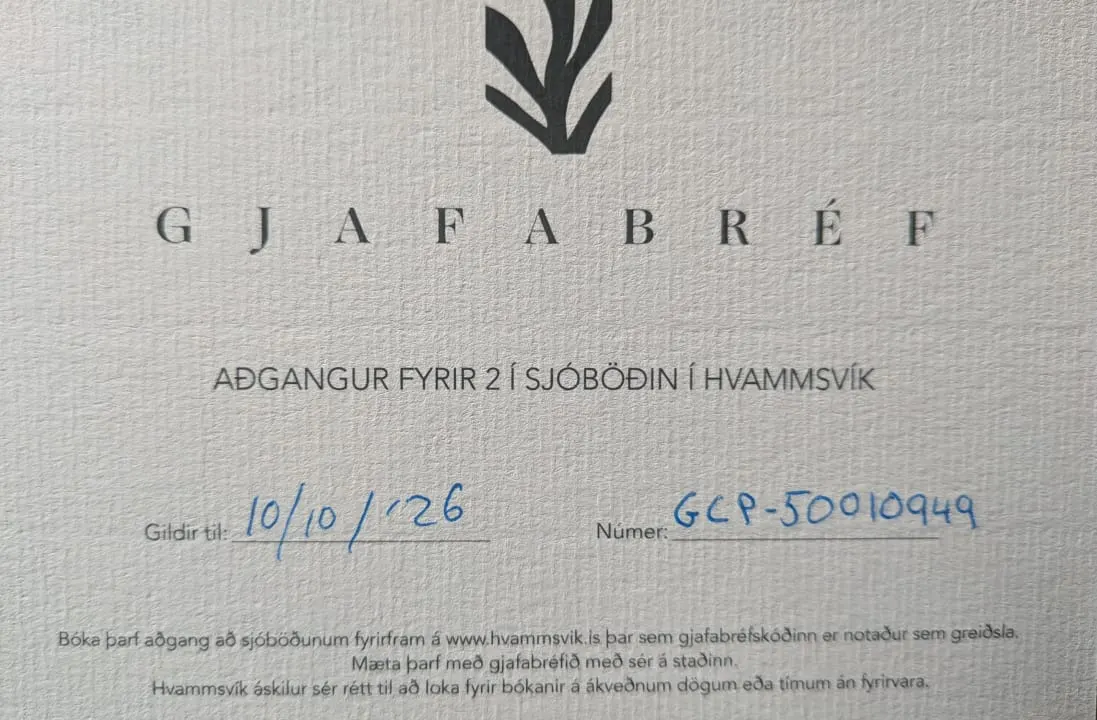 Gjafabréf í Sjóböðin í Hvammsvík með númeri gjafabréfsins