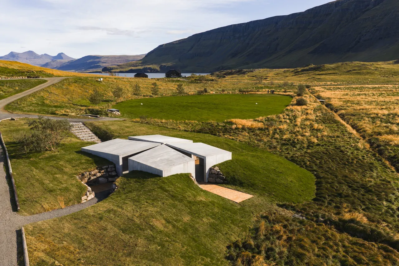Aerial view of The Temple in the landscape at Hvammsvík