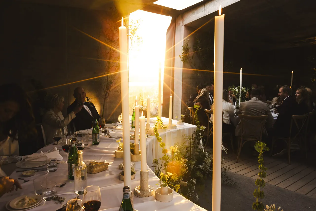 Candlelit dinner inside The Temple at sunset